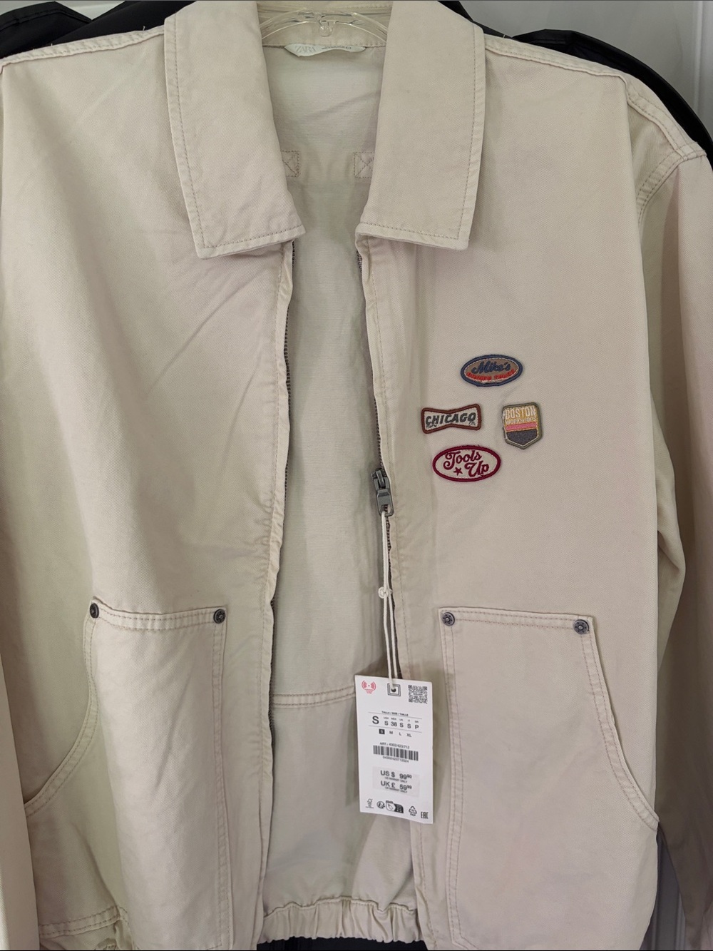 Zara Light Beige Zip-Front Jacket with Patch Accents